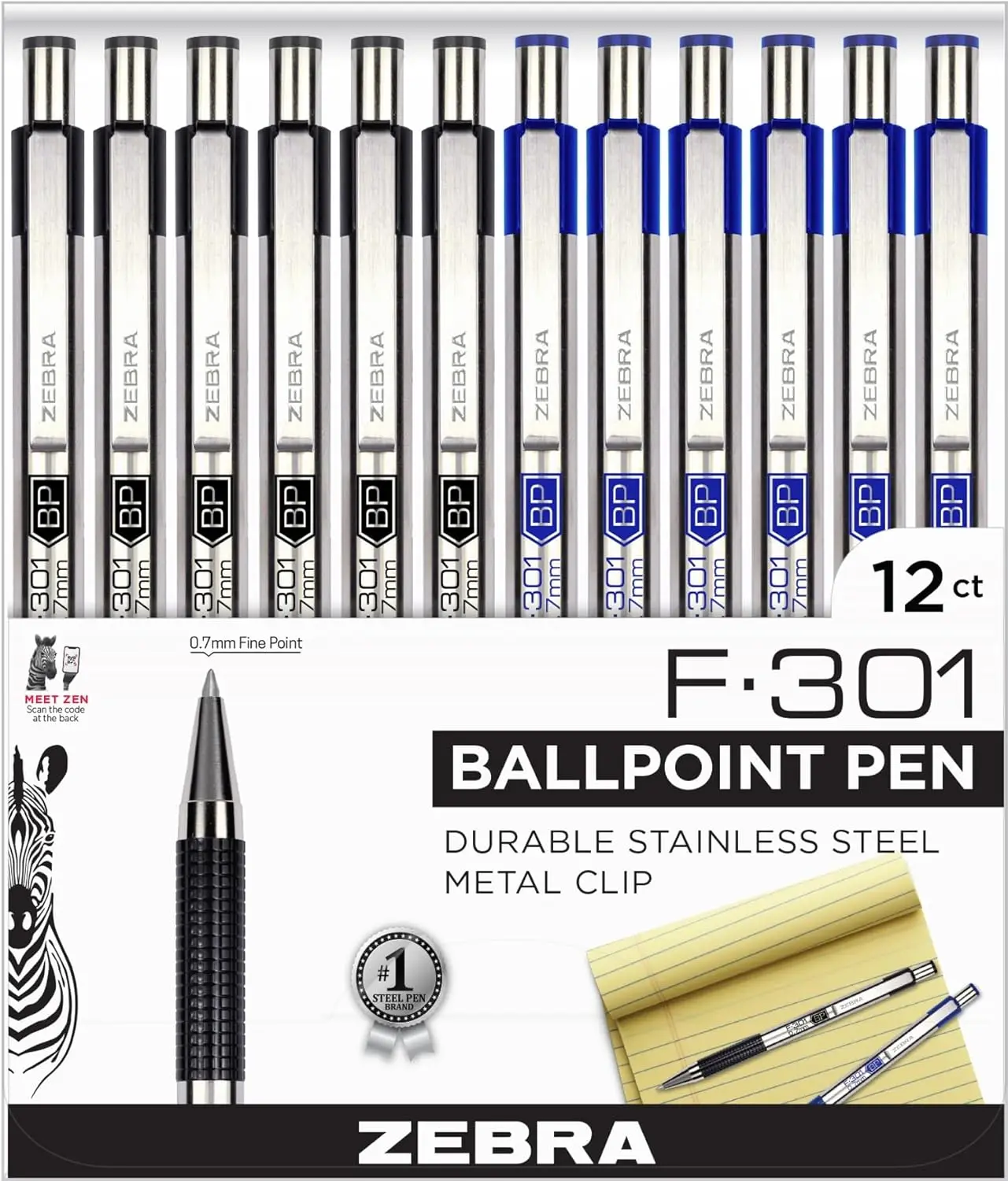 

Fine Point 0.7mm Retractable Ballpoint Pens, Stainless Steel, 12 Pack with Black & Blue Ink