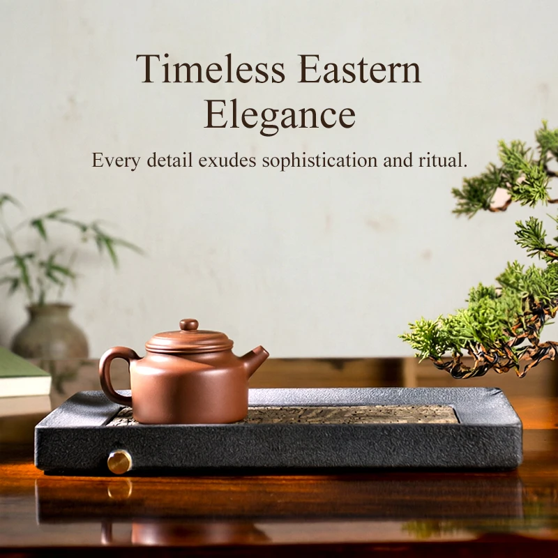 Natural Stone Tea Tray Drainable Black Basalt Hand Carved Phoenix Pattern Rectangular Gongfu Tea Tray Home Decor Gift 30x15cm