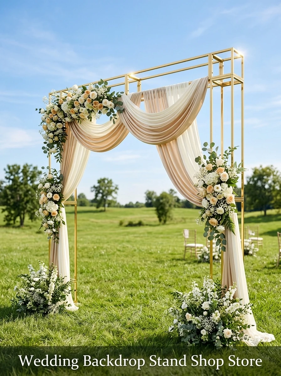 Square Gold Metal Wedding Arch Frame Personalized Sturdy Iron Backdrop Stand for Ceremony Reception Garden Party Decor