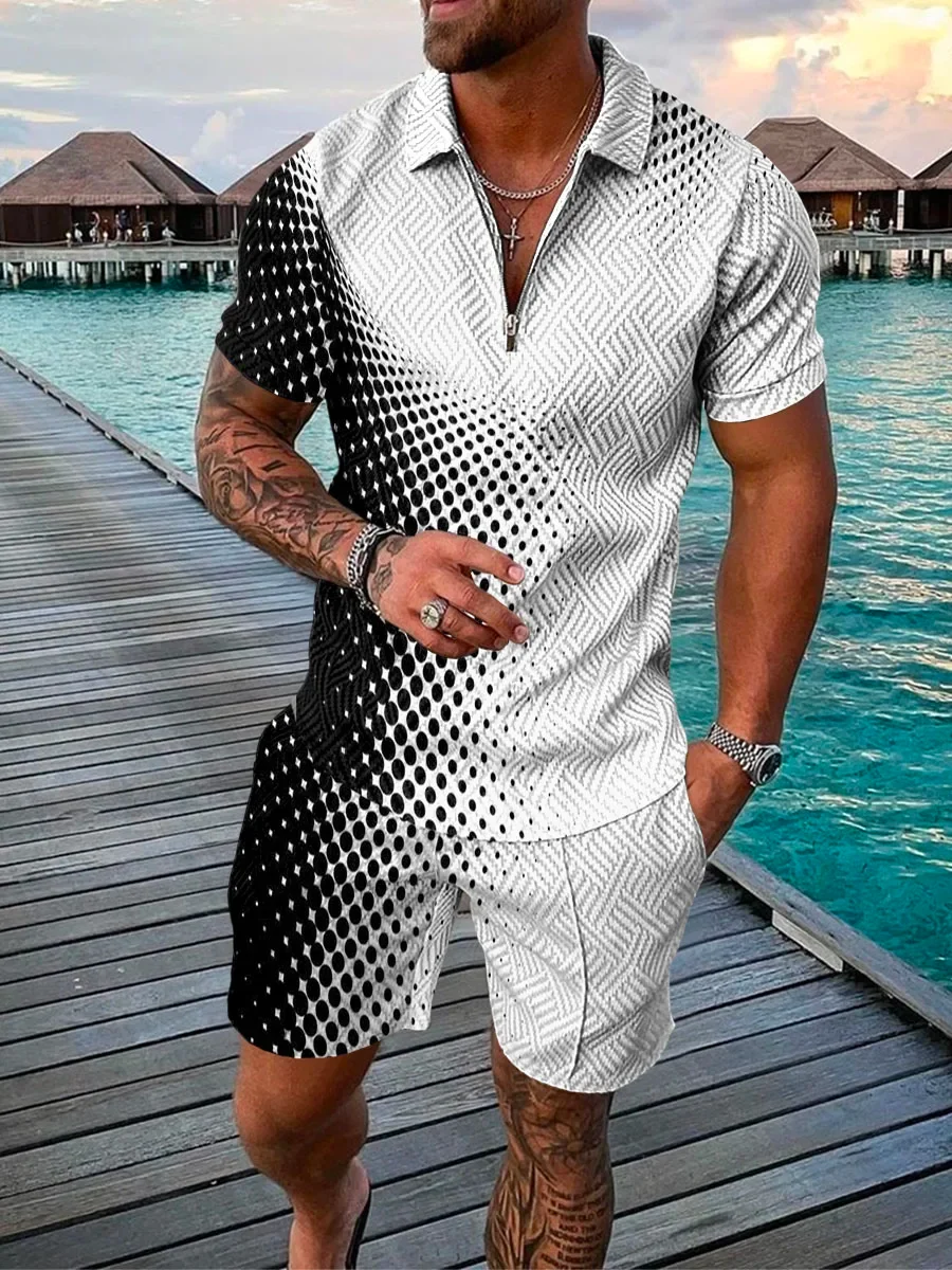 

Summer streetwear, Casual suits, Fun 3D Printed men's short-sleeved suits, Fashionable Polo zippers, shorts, two-piece Suits