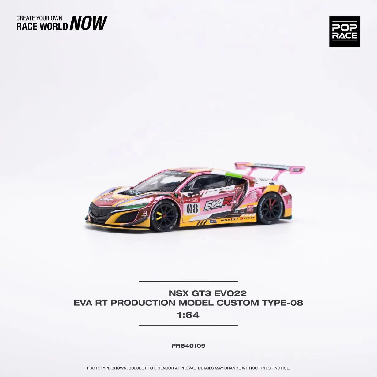 سباق البوب NSX GT EVO R EVA PinkYellow دييكاست نموذج ، مجموعة ألعاب كاروس مصغرة ، متوفرة في المخزن ، 1:64