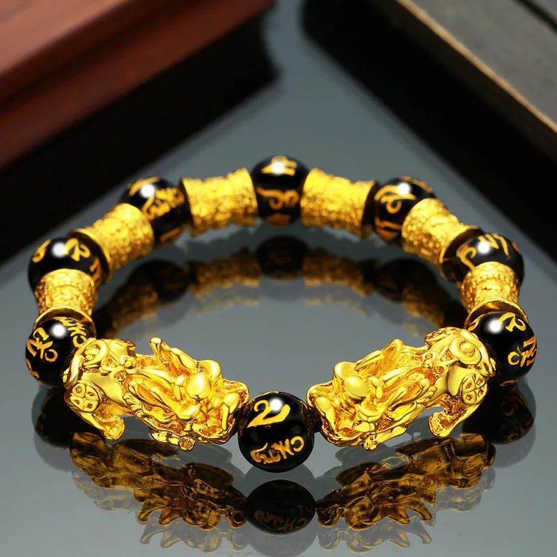 Feng Shui Obsidian Stone Beads Bracelet Wristband Gold Color Black Pixiu Wealth Good Luck Women Bracelet Men Women Unisex
