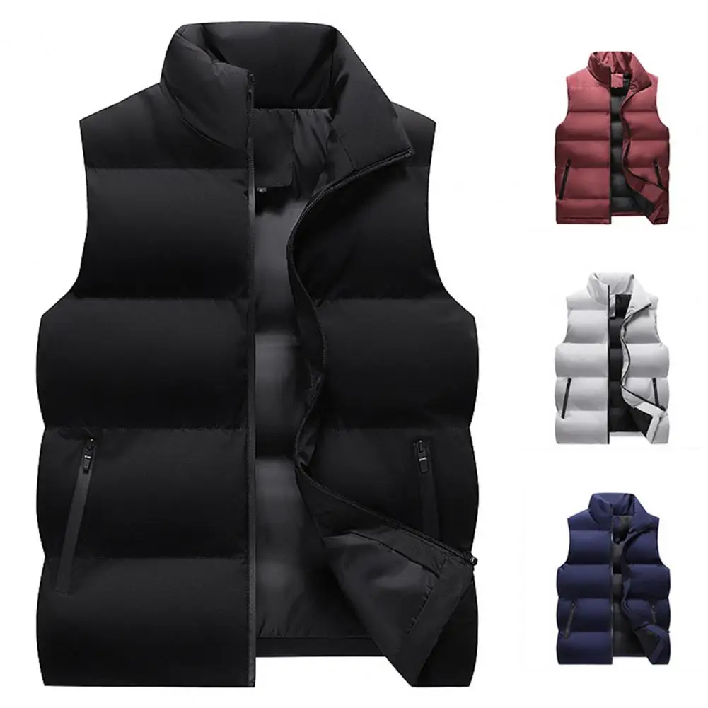 Cold Resistant Men Coat Stylish Men\'s Winter Vest Warm Windproof Sleeveless Outerwear with Stand Collar Zipper for Outdoor