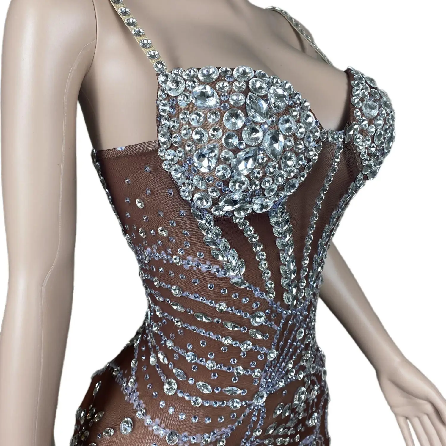 Sparkly Rhinestones Crystals Dress Dark Mesh See Through Bandage Backless Short Dress Women Sexy Celebrate Birthday Prom Dresses