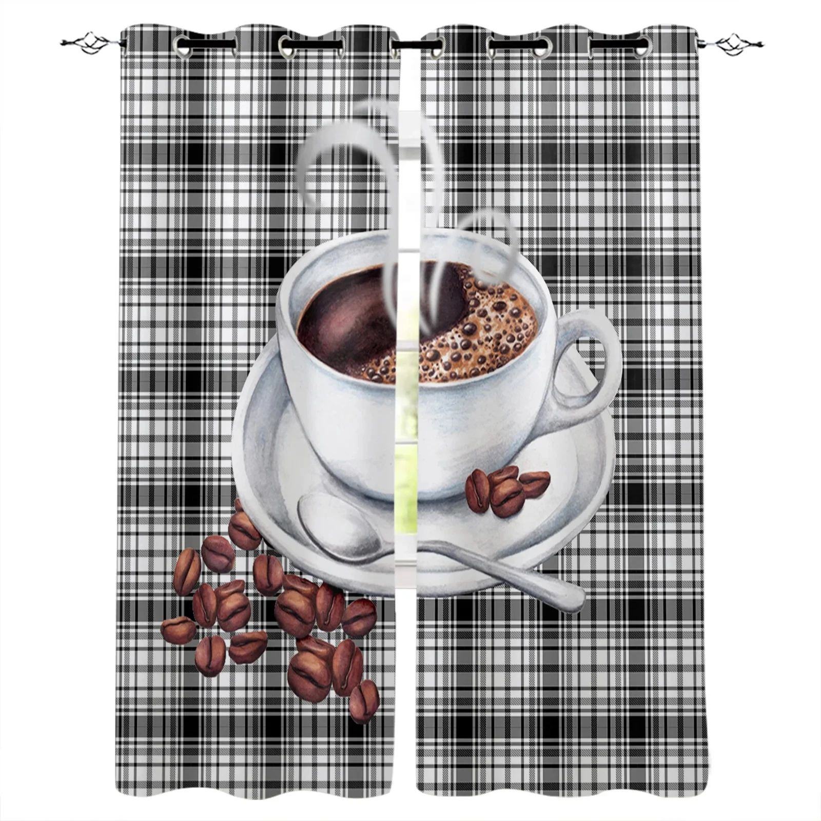 

Coffee Text Graffiti Black Background Window Curtain for Living Room Bedroom Home Decor Kitchen for Window Black Drapes 2panels