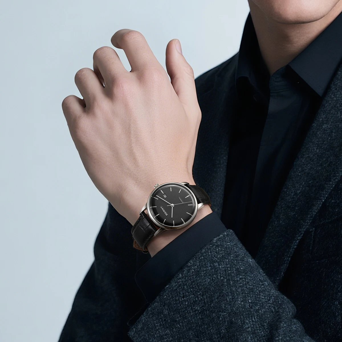BERNY Automatikuhren für Herren, luxuriöse klassische mechanische Herrenuhr, gewölbtes Glas, Kalender, elegante, schlanke Armbanduhr – Detail 13