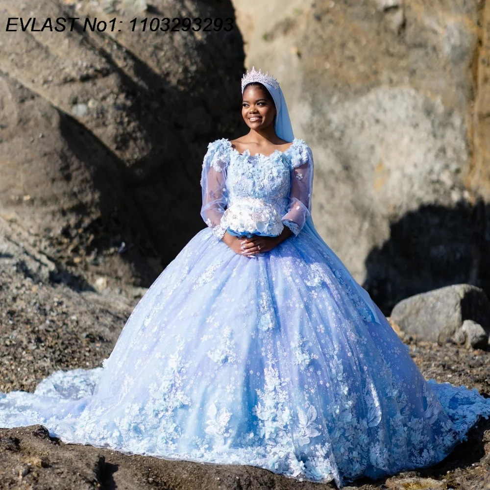

EVLAST Customized Glitter Sky Blue Ball Gown Quinceanera Dress Floral Lace Applique Beading Sweet 16 Vestidos De 15 Anos E1QN292
