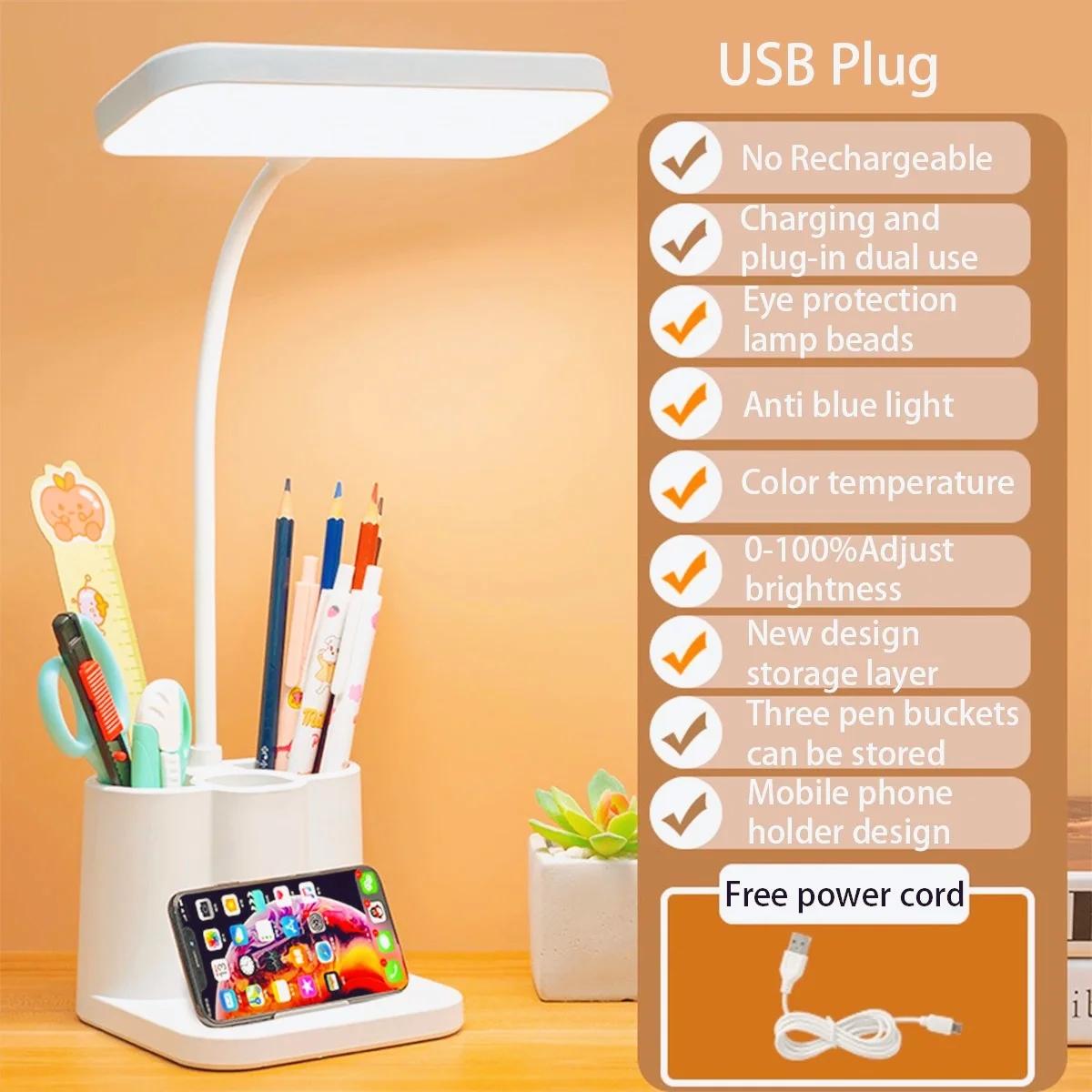 

USB LED desk light, three color eye protection, college student book reading light, bedroom, bedside dormitory, study night ligh