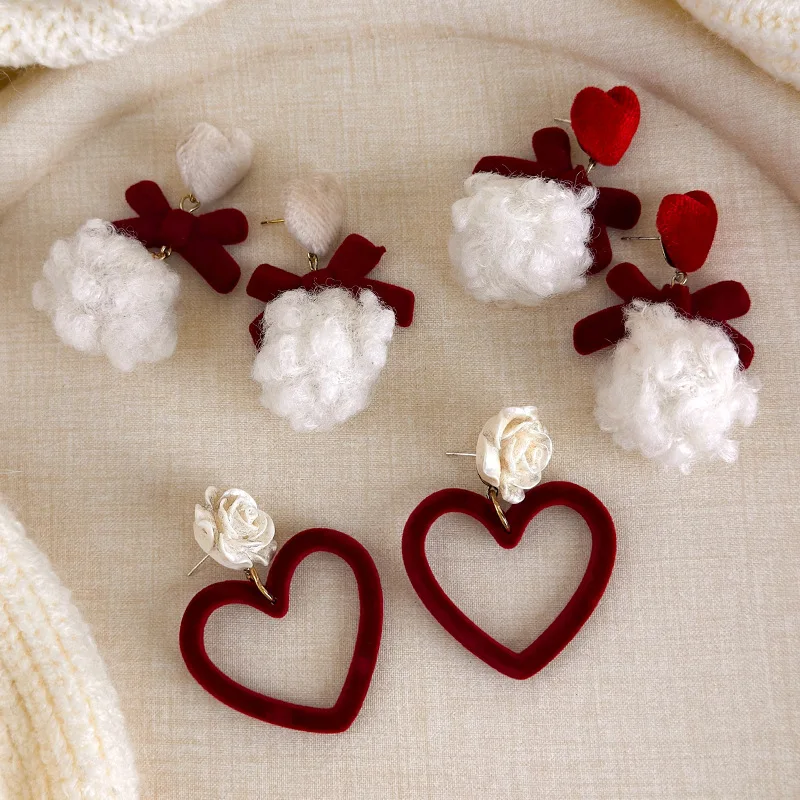 Red Bow Plush Ball Stud Earrings Fall Winter Cute Love Heart Versatile Fashion Ear Jewelry For Women Daily Party Wear Premium