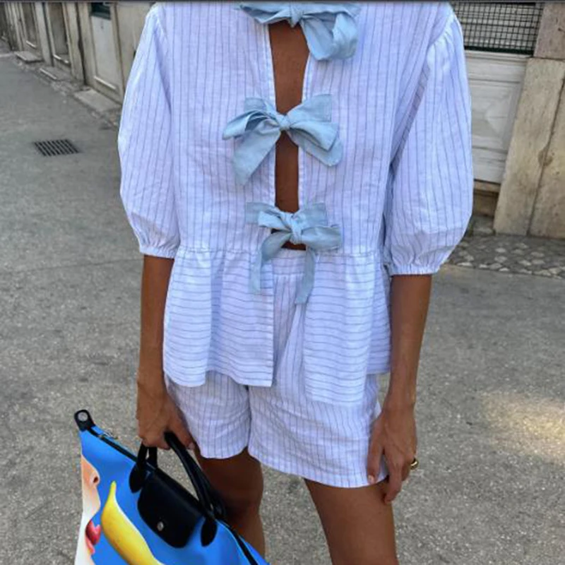 Ruffle 2 Piece Set Stripe Bow Lace Up Short Sleeve Shirt Tops + Short Pants Beach Holiday Women Y2K Retro Kawaii Loose Outfits