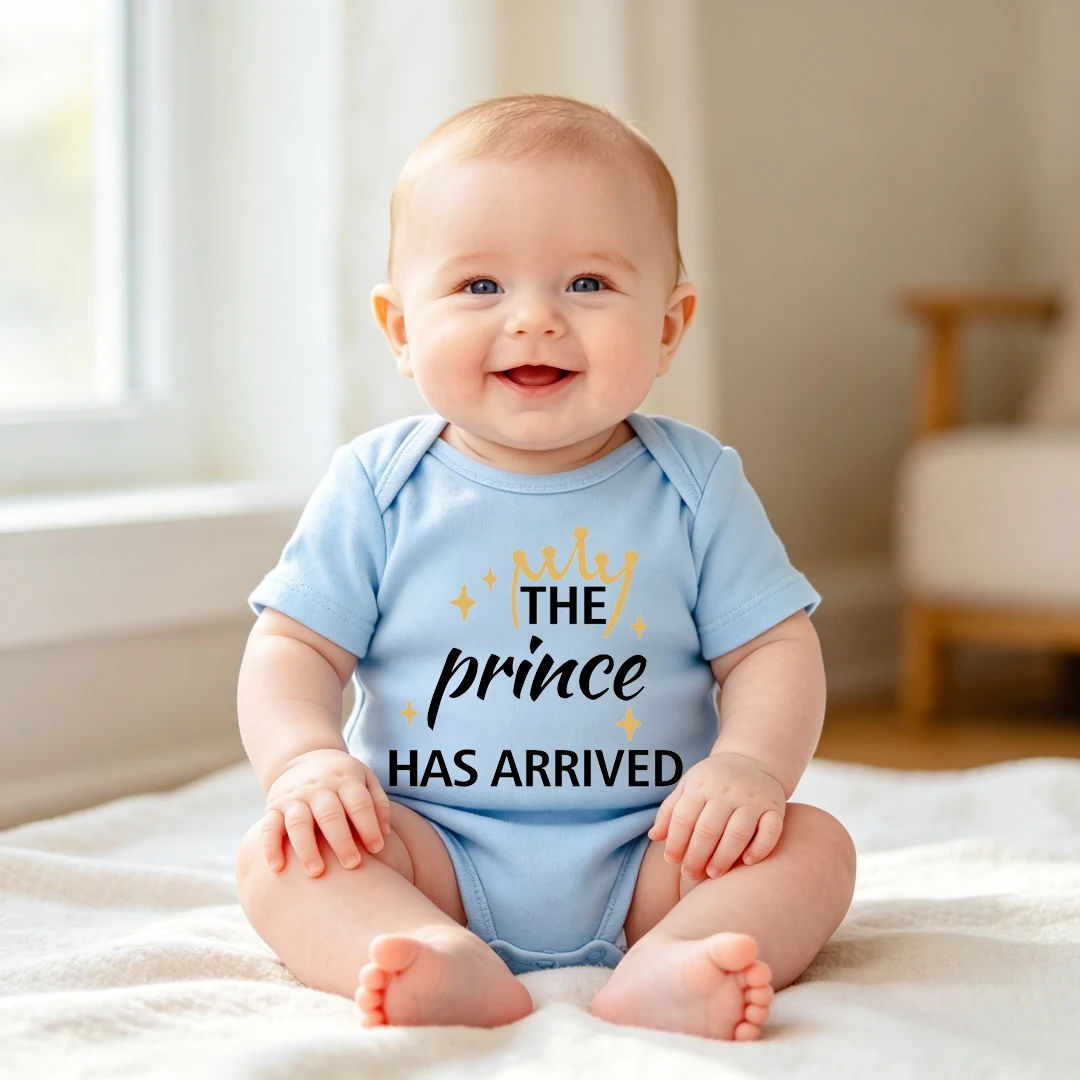 The Prince Has Arrived Baby Boy Bodysuit Crown Star Print Newborn Short Sleeve Romper Pregnancy Announcement Outfit Infant Cloth
