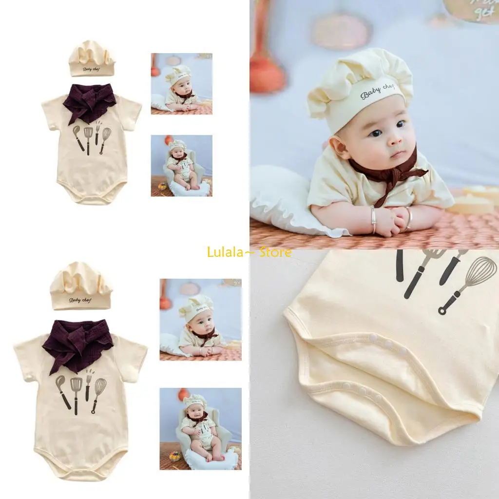 

Y4QA, комплект из 3 предметов для фотосессии новорожденных, костюм повара, мягкий хлопковый комбинезон с подходящей шляпой, на