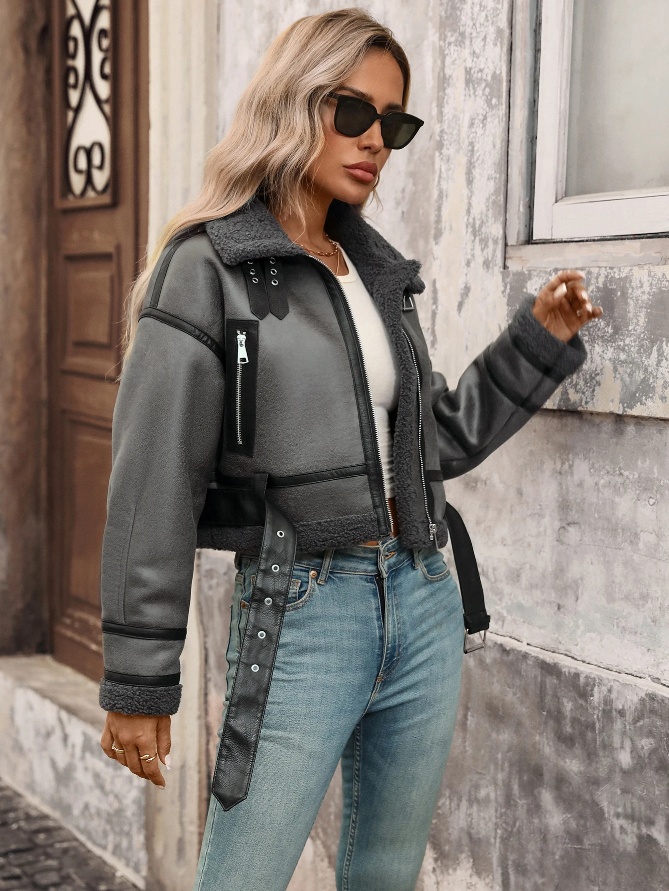 الشتاء النساء فو لامب الفراء سترة قصيرة التلبيب سستة منفذها معطف الطيار