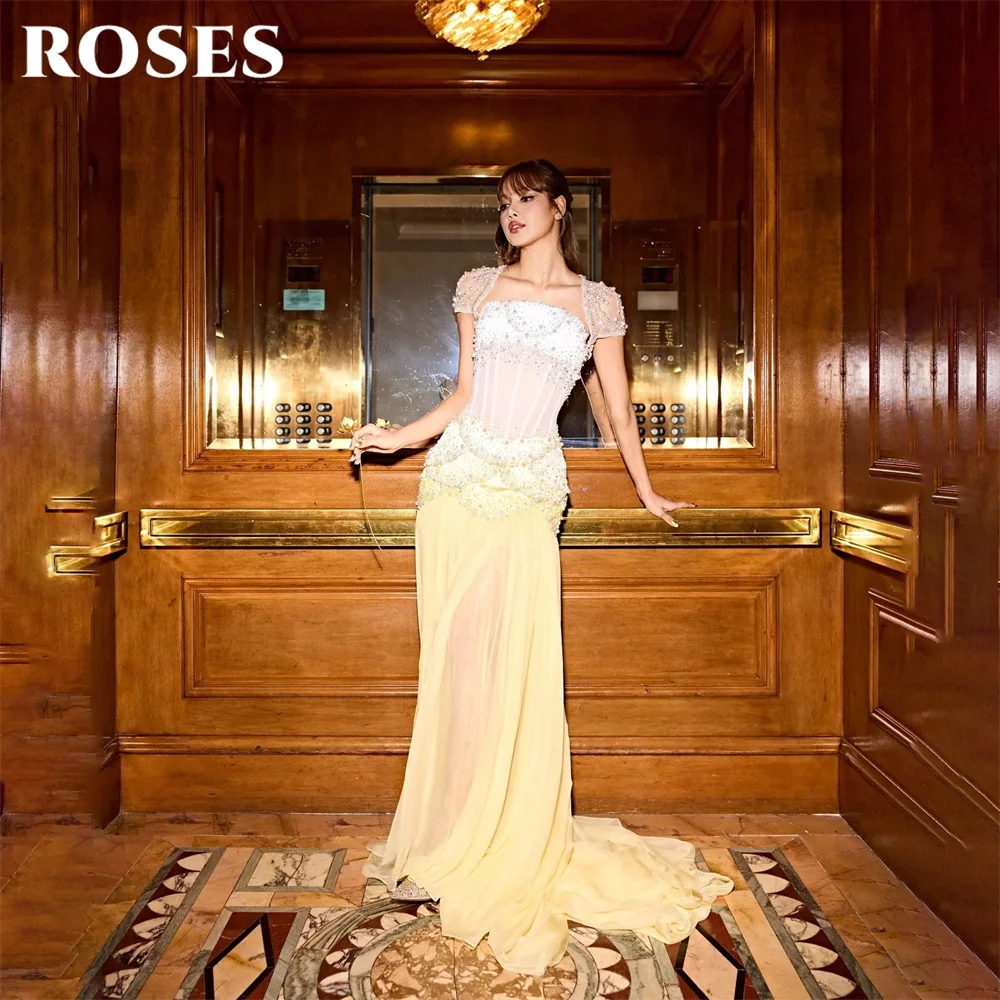 

ROSES Butter Yellow Evening Dresses Off the Shoulder Formal Gown Night Dresses with Crystal and Pearls Prom Dresses Customized