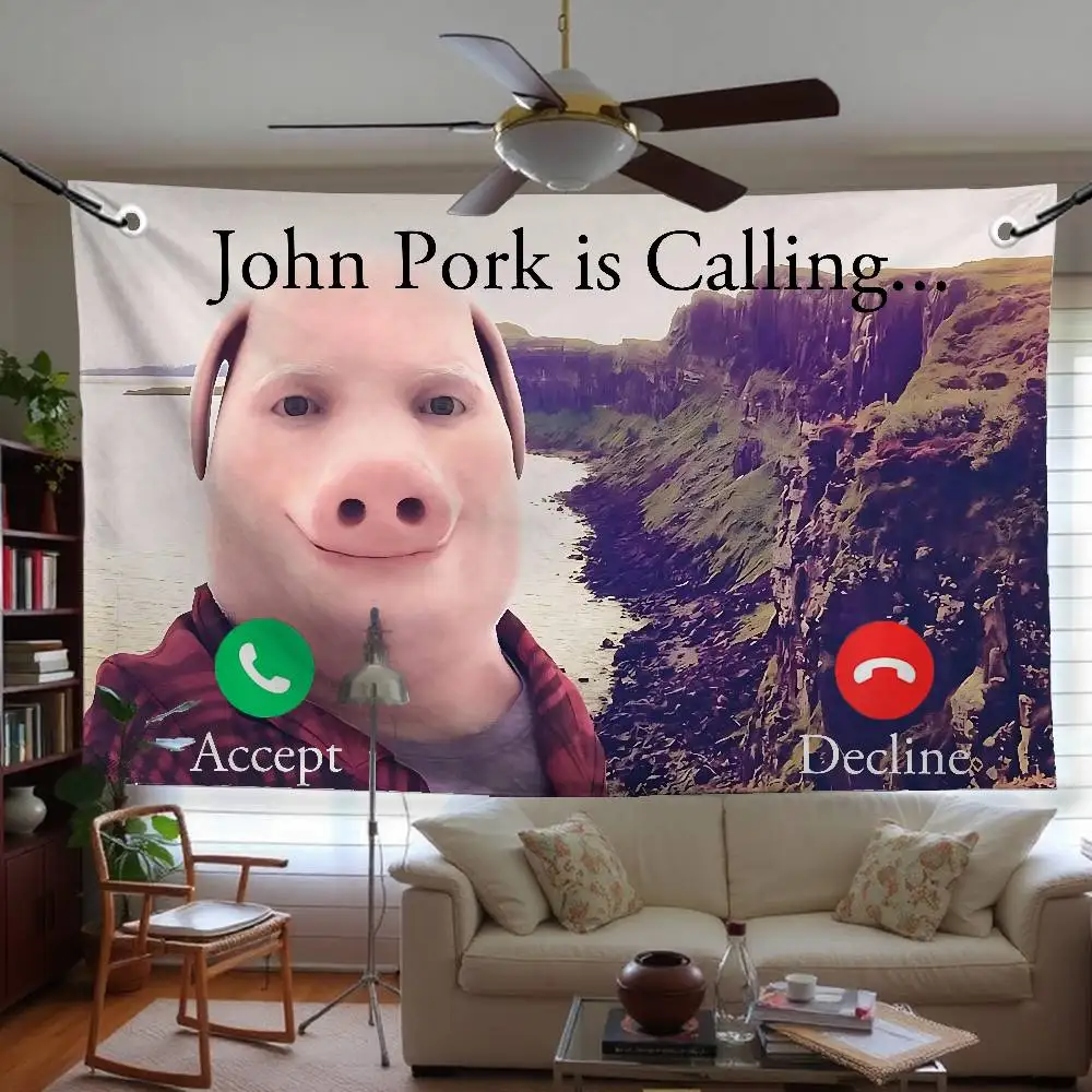 John Pork is Calling Answer Call Flag Tapestry Funny Banner For College Dorm Room Bedroom Outdoor Living Room Wall Decor Party