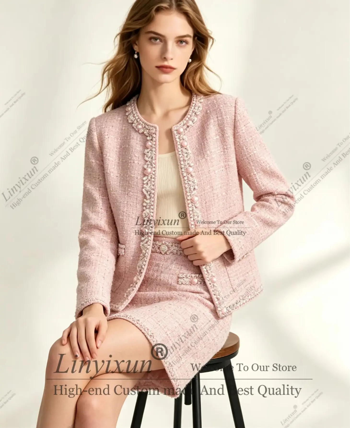 Sweet Pearl Checkered Tweed Women's Suit Set 2 Piece Short skirt Single Breasted Casual Business Office Outfit Customized view 6