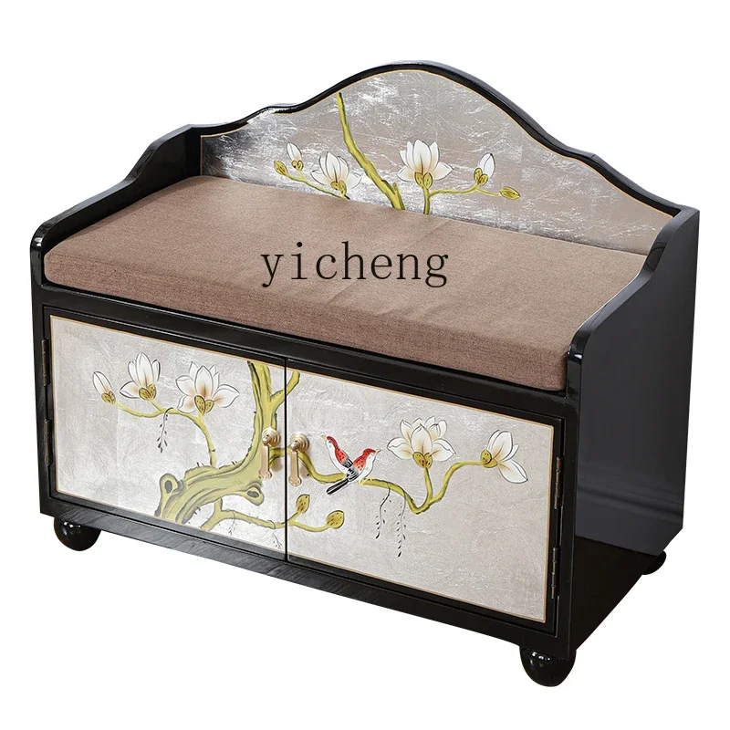 

New Chinese Painted Solid Wood Home Doorway Storage Shoe Changing Stool Soft Bag Small Shoe Cabinet