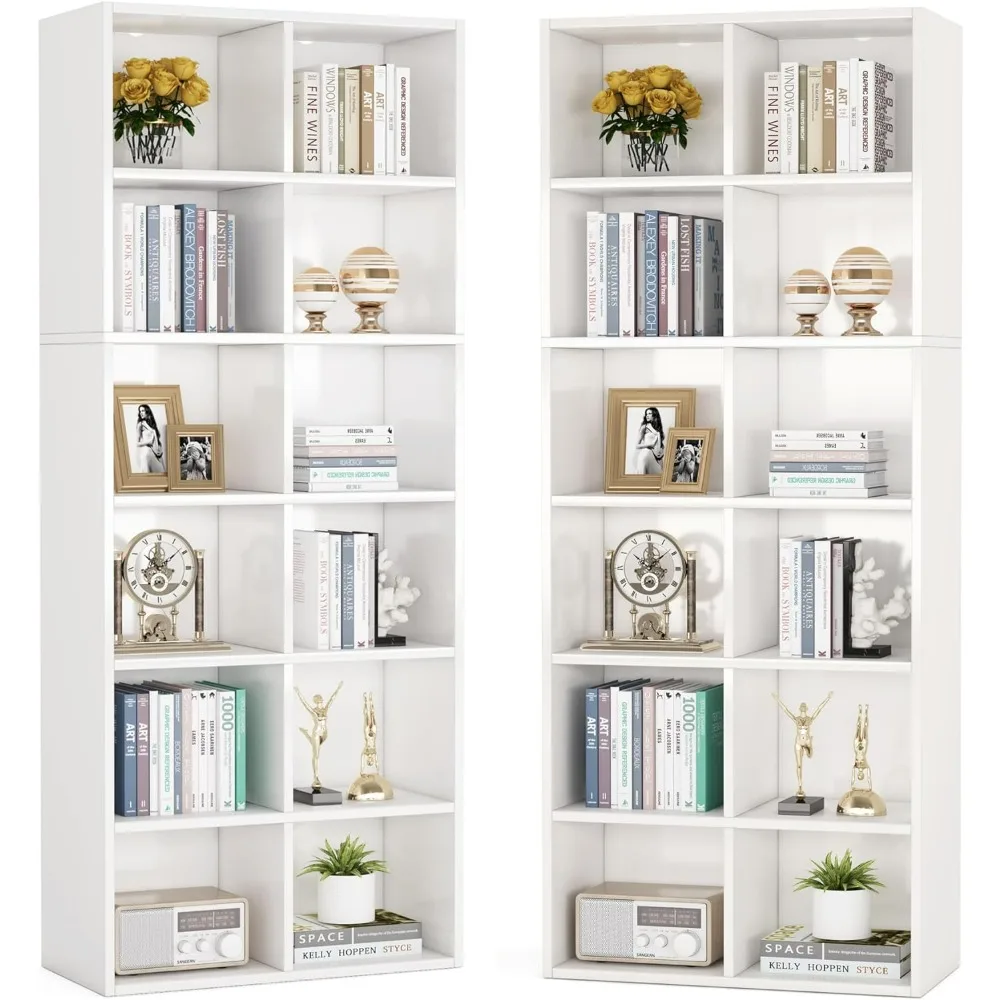 71.65inch bookshelf Set of 2, White Bookcase with 12 Cube Storage for Home Office, Super Large Capacity, Narrow Tall Bookcase