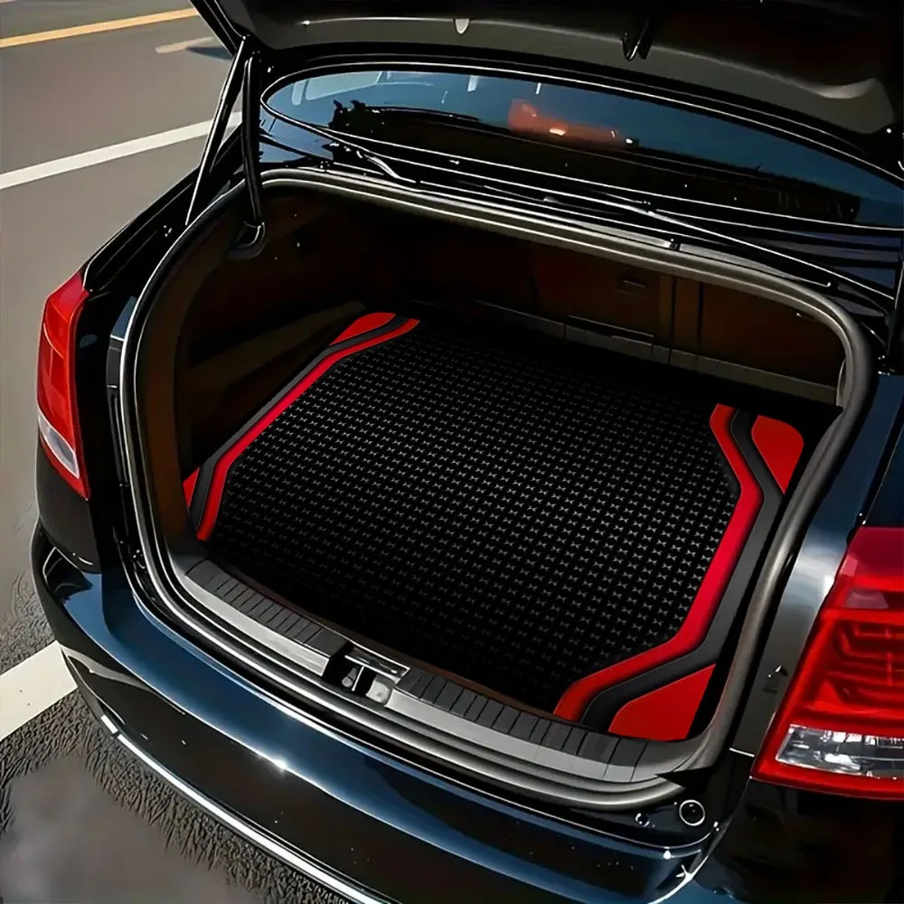 Rot gemusterte Kofferraummatte im universellen Design passt für die meisten Limousinen und SUVs, sportlicher Strukturdruck für einen praktischen und sportlichen Autoinnenraum. – Detail 3