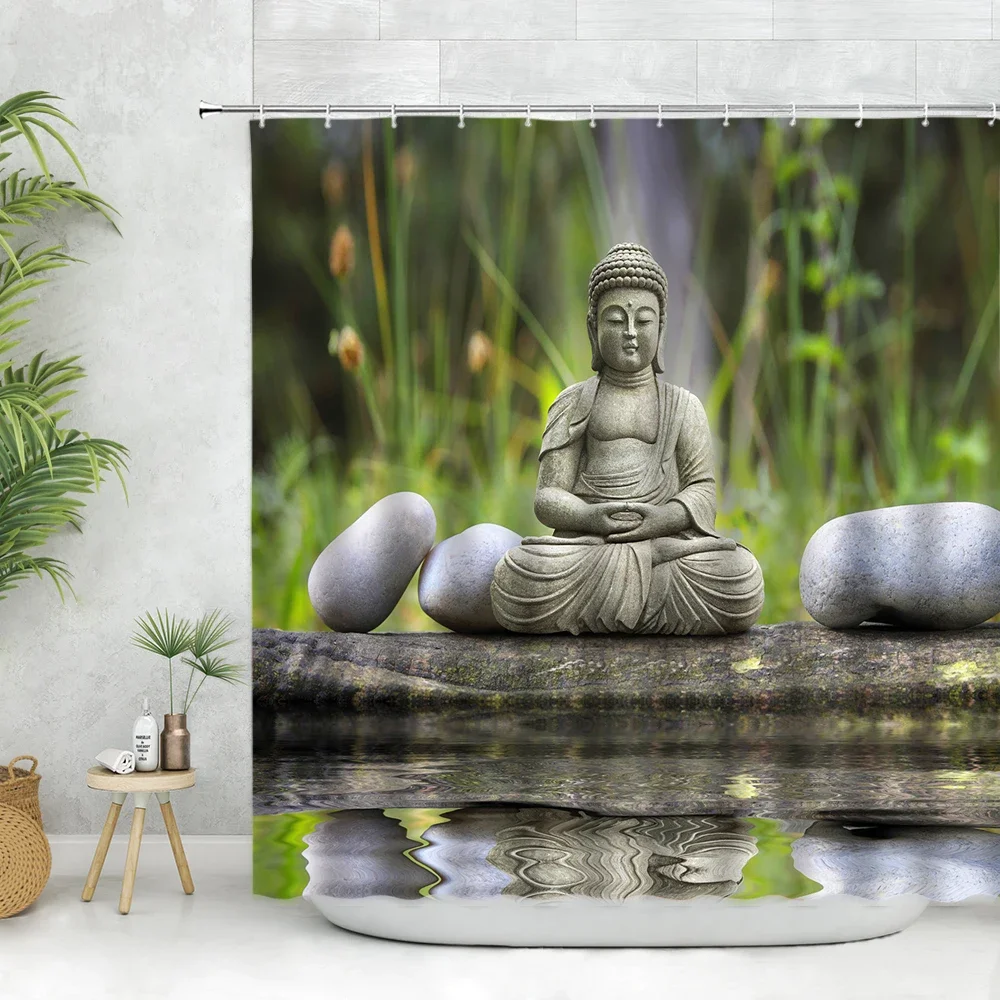 Rural Landscape Creek Stone Lotus Buddha Shower Curtain Bathroom Curtain Fabric Waterproof Polyester Bathroom Curtain with Hooks