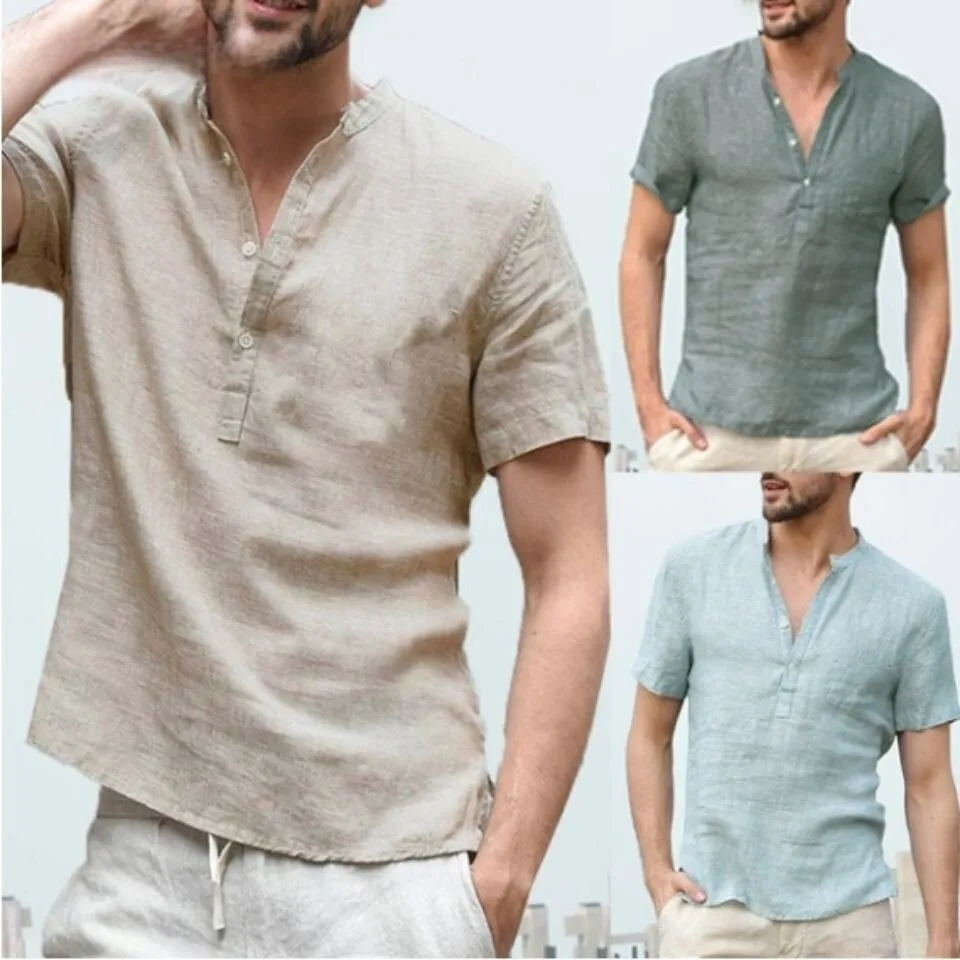 

Summer New Cotton Linen Short Sleeve Men's T-Shirt Stand Collar Button Half Open Simple Short Sleeve Shirt Citywalk Breathable