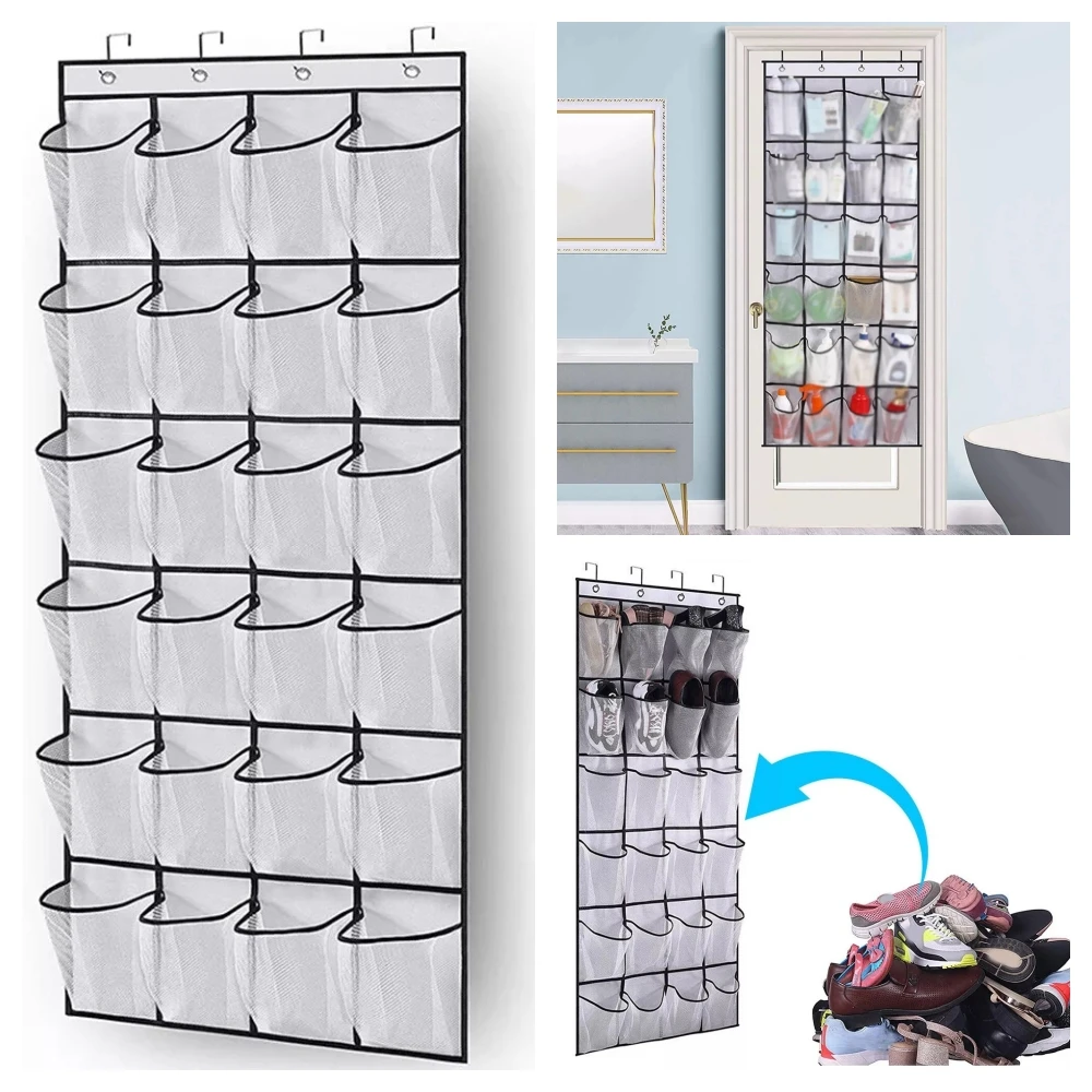 24 Pockets Wall Storage Bag Wall-mounted Hanging Shoes Clothes Organizer Rack Behind Doors with 4 Metal Hooks