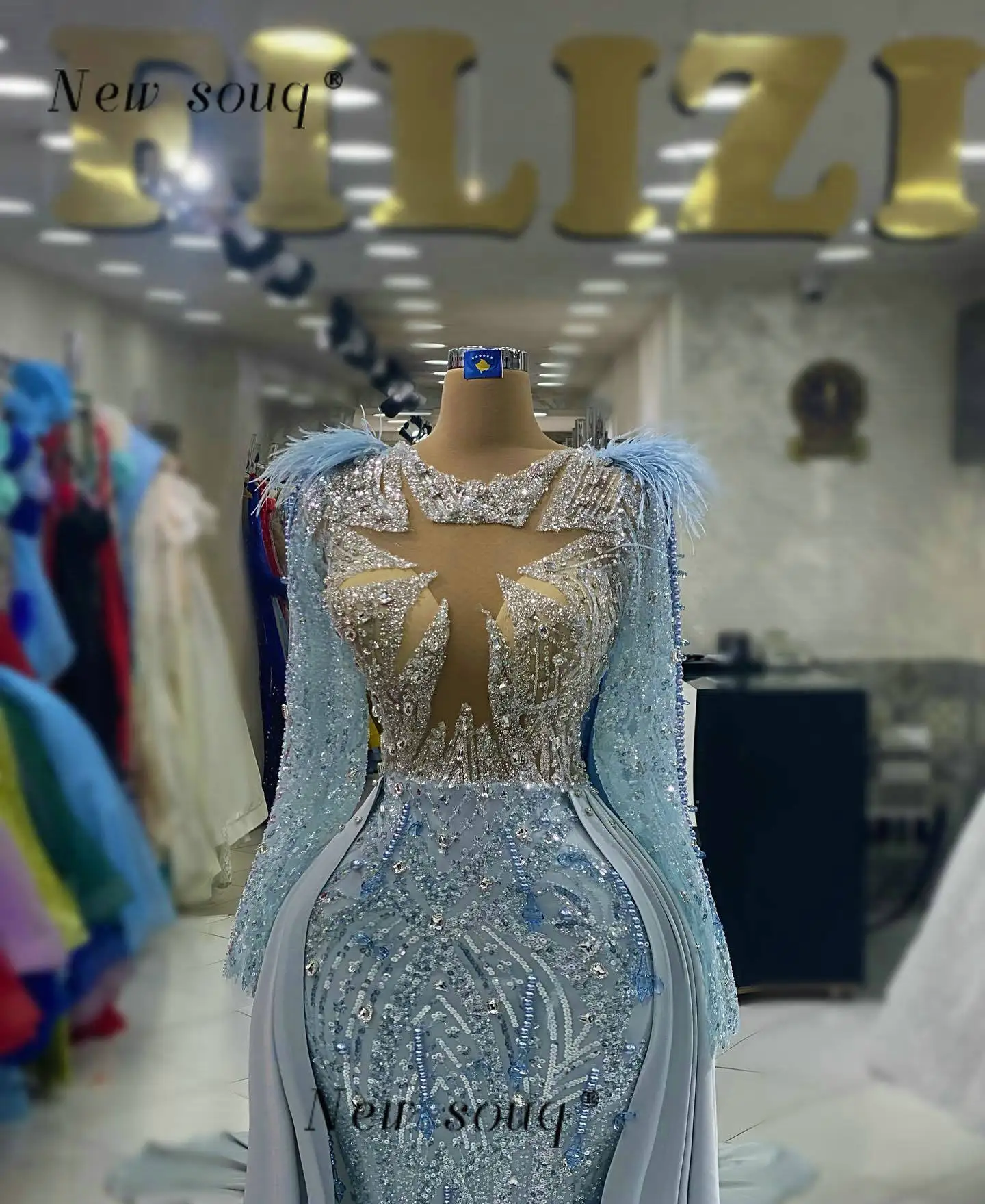 Sparkly Sky Blue Mermaid Prom Dresses 2023 For Black Girls Glitter Sequins Feathers Dubai Birthday Party Gala Evening Gowns