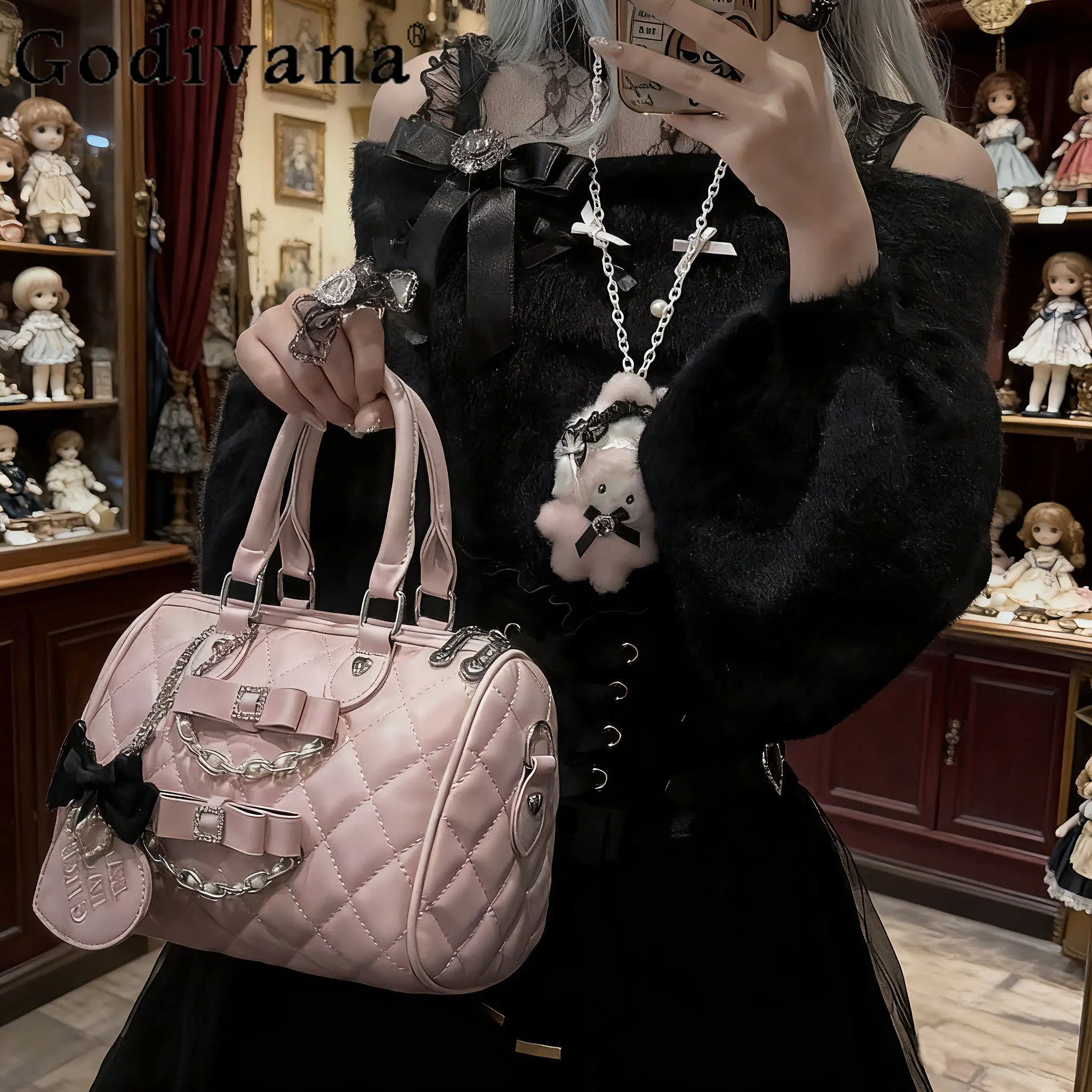 

Original Japanese Mine Pink Handbag for Women New Girl's Cute Bow Chain Fashion Crossbody Bag Princess Kawaii Lolita Handbag