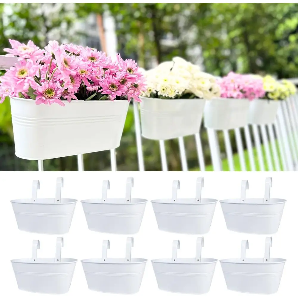 Outdoor Rail Planter (9.8 in, 8 Pack) White Metal Buckets | Rail Planters Balcony Deck Patio Porch Outdoor Plants, Small Iron Ha