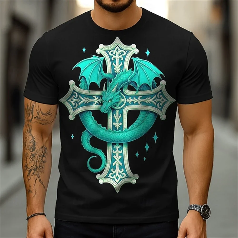Herren T-Shirt mit Lustigem 3D-Kreuz-Drachenmuster, Lässiges O-Neck Kurzarm-Shirt, Modischer Oversized Pullover