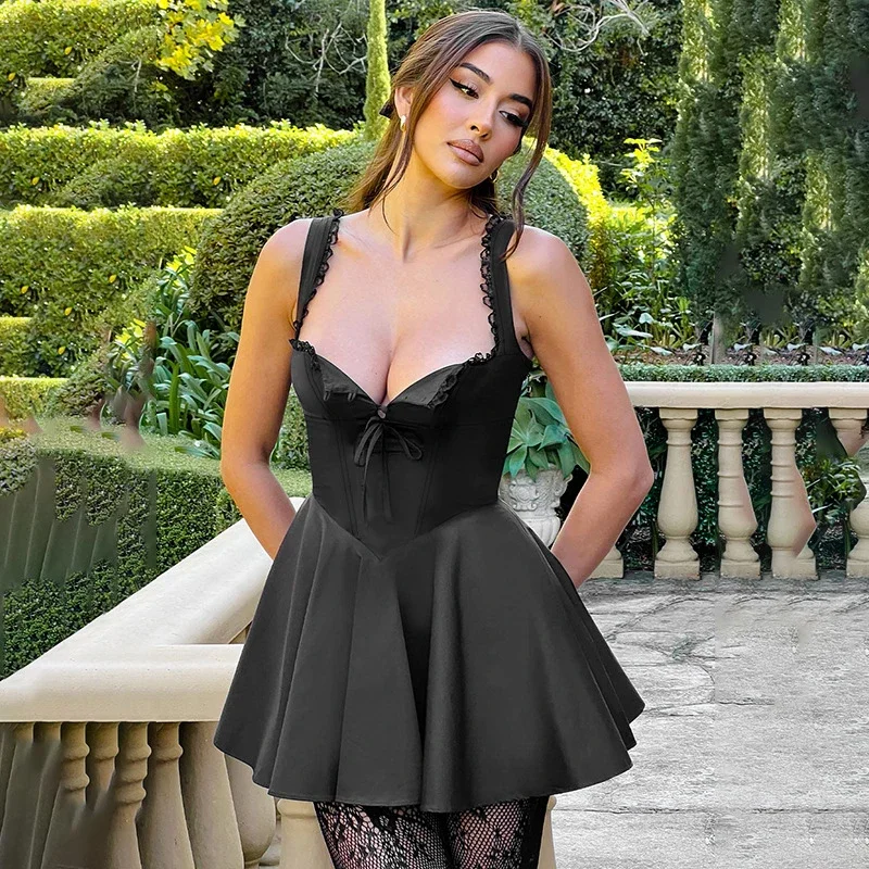 TARUXY Plunge Lace Up Sexy Mini Dress Women's Sleeveless Fashion Retro Splice Folds Slim Black Party Evening Dress Female Summer