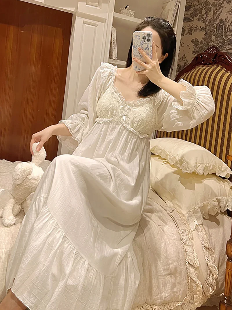 Women Pure Cotton Layer Gauze Lace Ruffles Vintage Night Gown Robe Long Dress Victorian Princess Sleepwear Nightdress Homewear