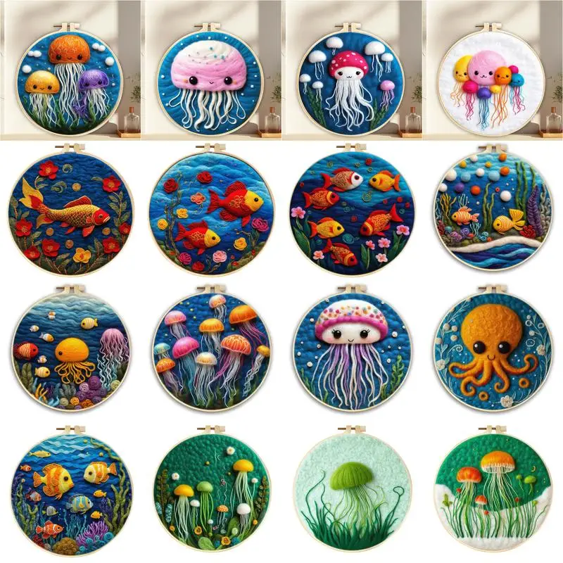 

GATYZTORY Needle Felting Painting With Frame Kit For Beginner jellyfish Wool Felting Painting Handmade Felt Needles, Foam Pad,Cl