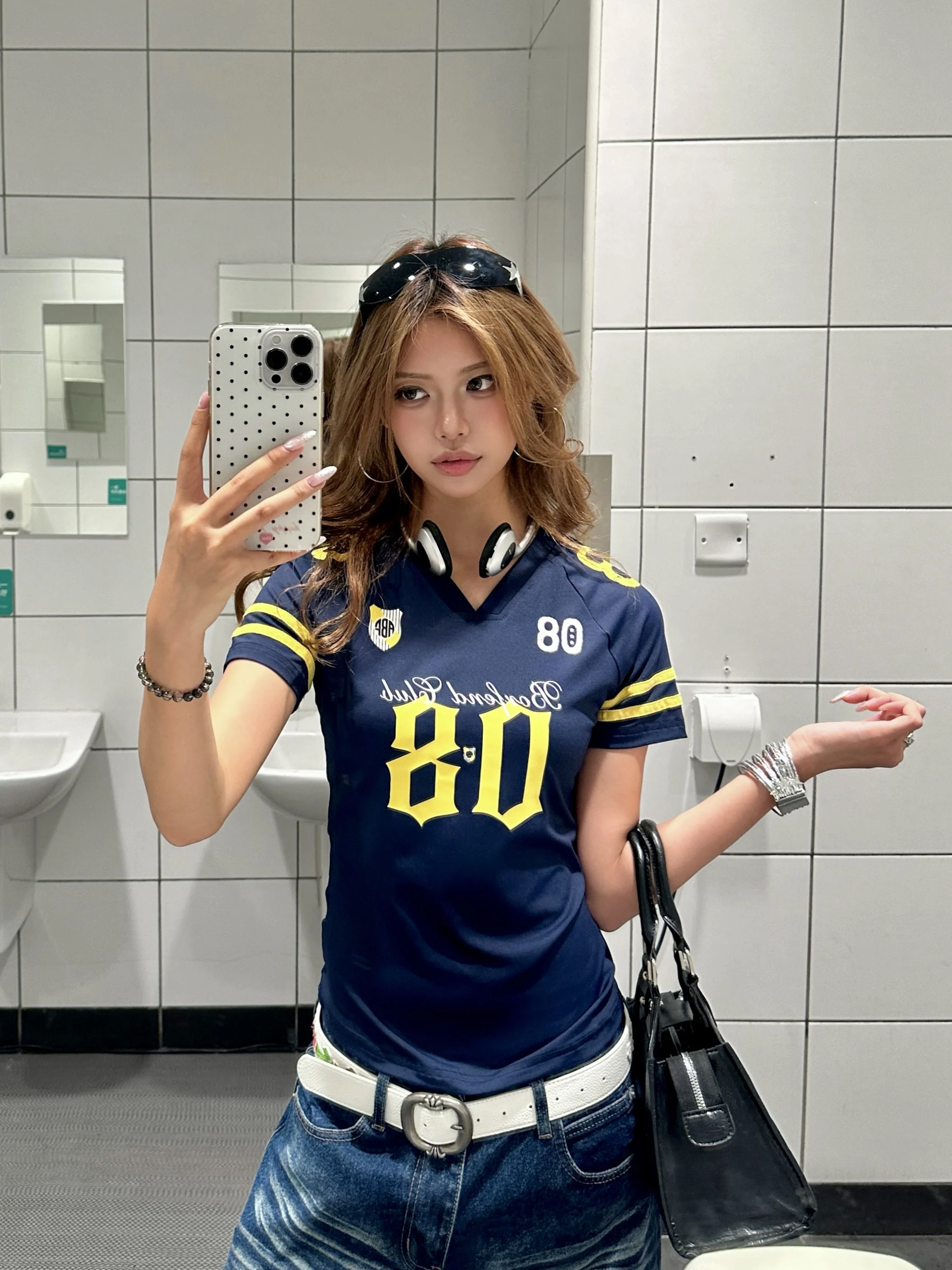 

BeOurRule American Retro Baseball Jersey V-neck Short Sleeve T-shirt Women Summer Sexy Sport Style Slimming Top