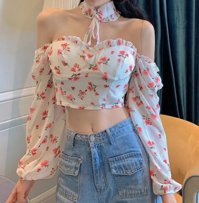 

Puff Sleeve Off Shoulder Boat Neck Lace Hem One-piece Sweet Print Romper Cottagecore Pink Black T-Shirt Summer Clothes for Women