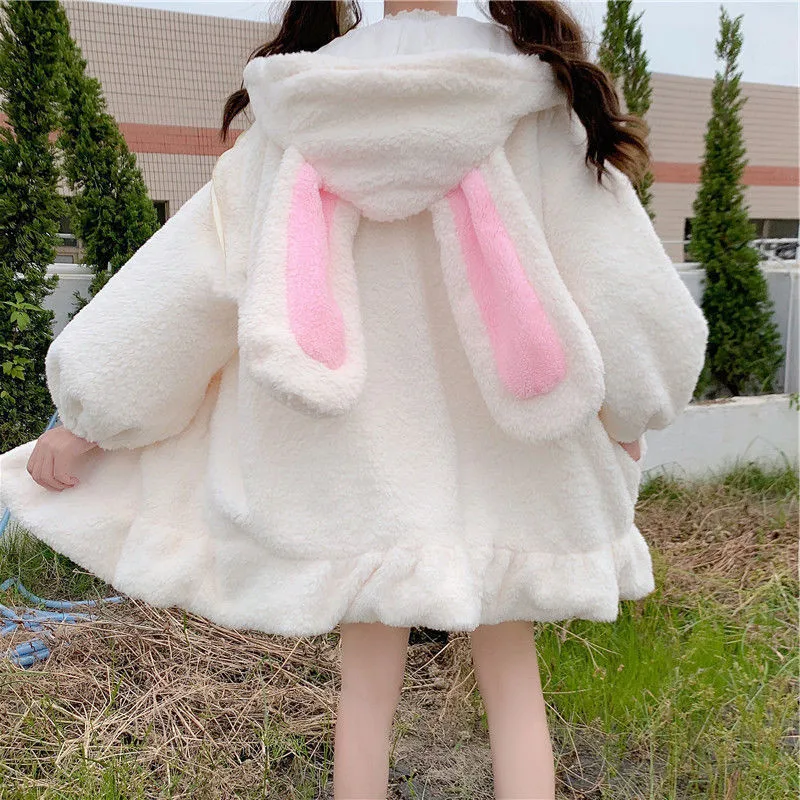 Rabbit Women Winter Long Sleeve Fuzzy Hooded Jacket Harajuku Kawaii Bunny Ears Zip Up Cardigan Coat Plush Warm Ruffles Outwear