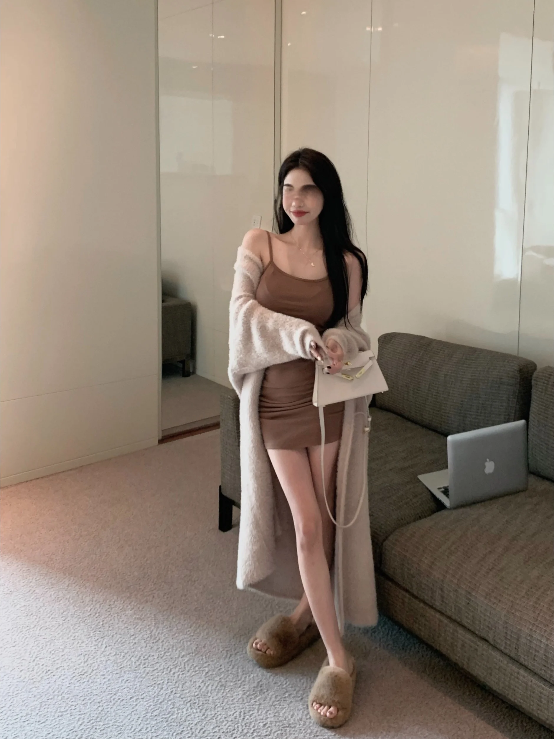 Soft Loose Women's Knitted Sweater Coat Autumn Winter New Sle No Button Design Medium Length Pure Color Commute Sle