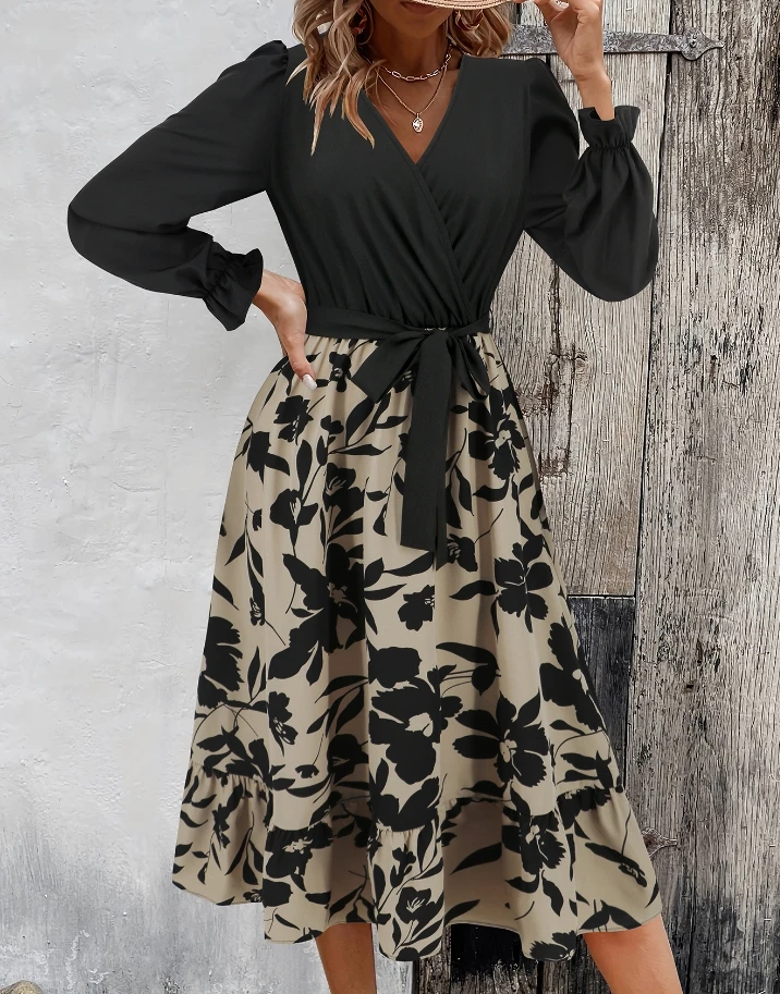 

Women's Elegant Dress 2024 Autumn Winter Latest V-Neck Long Sleeve Printed Splicing Long Skirt Lantern Sleeve Lace Up Maxi Dress