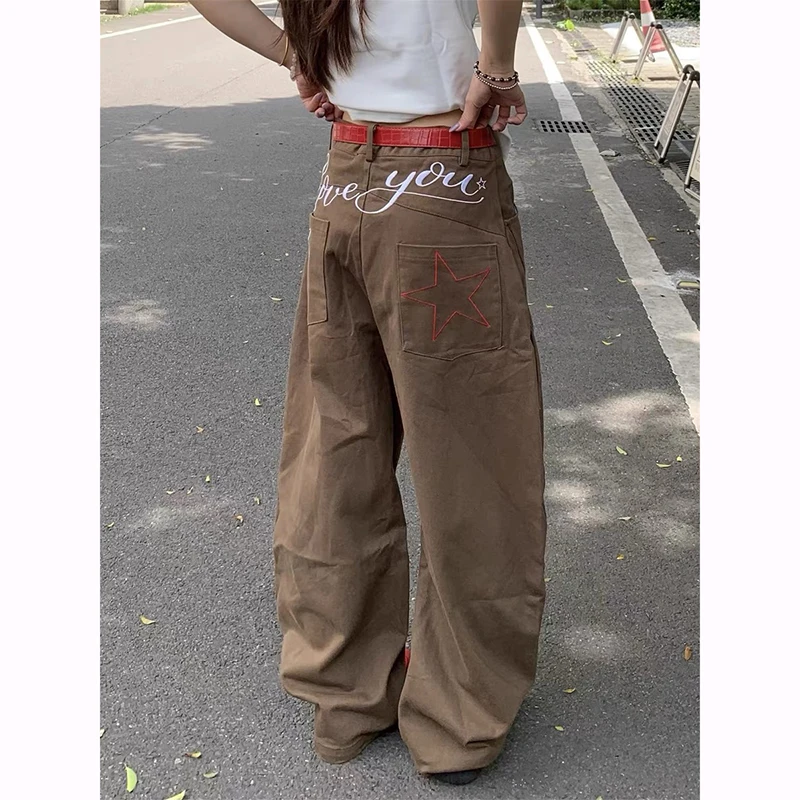 

ZHIZOU Brown Women's Vnitage Y2K 2000s Wide Leg Baggy Casual Denim Trouser High Waist Loose Jeans Embroidery Harajuku Pants