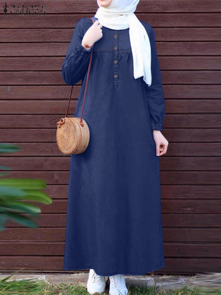 2024 ZANZEA Women Muslim Dresses  Vintage Abaya Hijab Dress Jilbab Islamic Clothing Fashion Long Sleeve Denim Blue Maxi Sundress