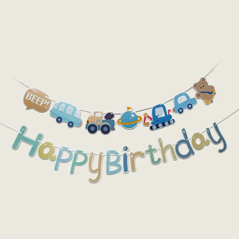 Blue Car Themed Happy Birthday Banner Party Decoration Tractor Excavator Flag Kids Boys Party Supplies Baby Shower