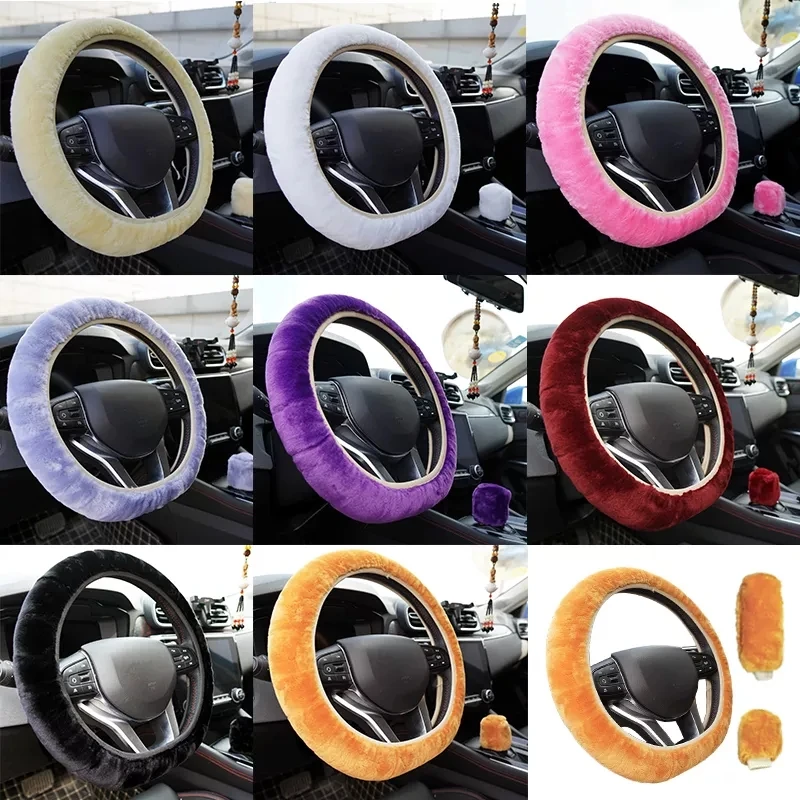 3pcs Plush Steering Wheel Cover Soft Fur Warm Heat Lovely Winter Handbrake Cover Auto Supplies Auto Parts