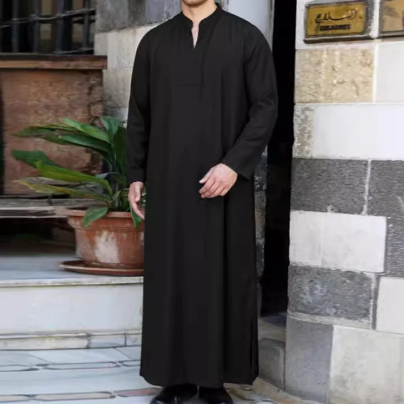 Men Muslim Shirt Robe Stand Collar Long Sleeve Islamic Arab Kaftan Streetwear Saudi Arab Thobe Indian Dress Robes Blouse