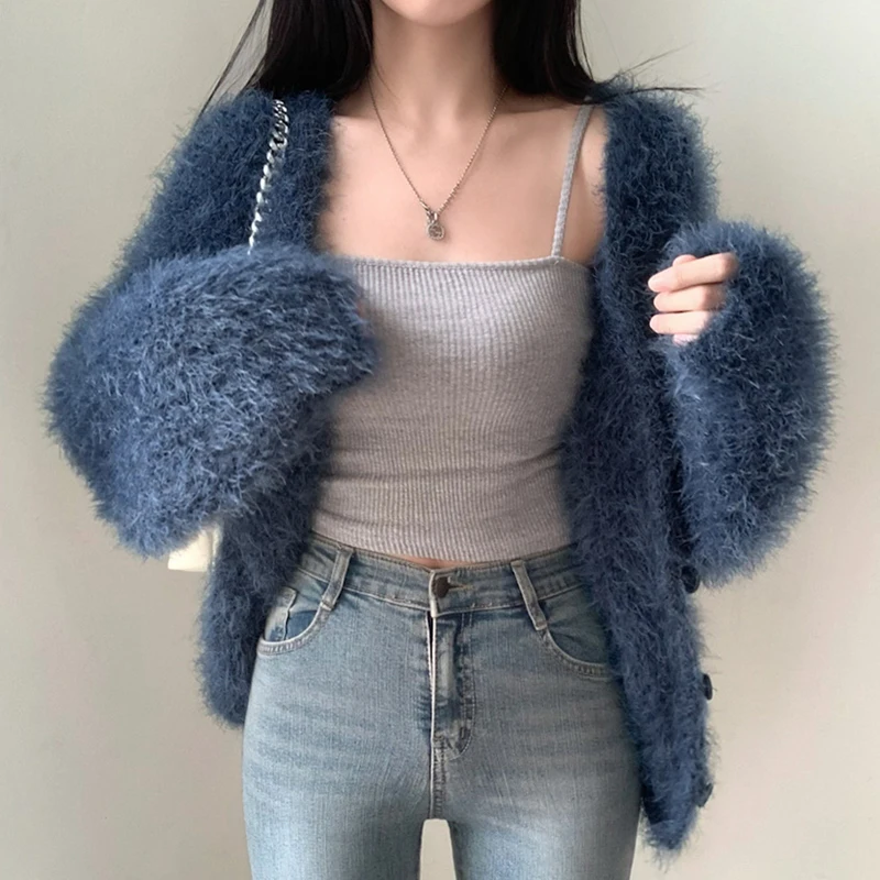 Clothland Women Elegant Mohair Cardigan V Neck Long Sleeve Fur Jacket Stretchy Basic Outwear Coat Mujer HA481