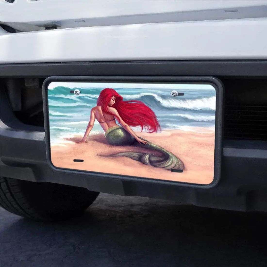 License Plate Mermaid on The Beach with Red Hair Decorative Car Front License Plate Car Plate Aluminum 6X12 Inch for Women