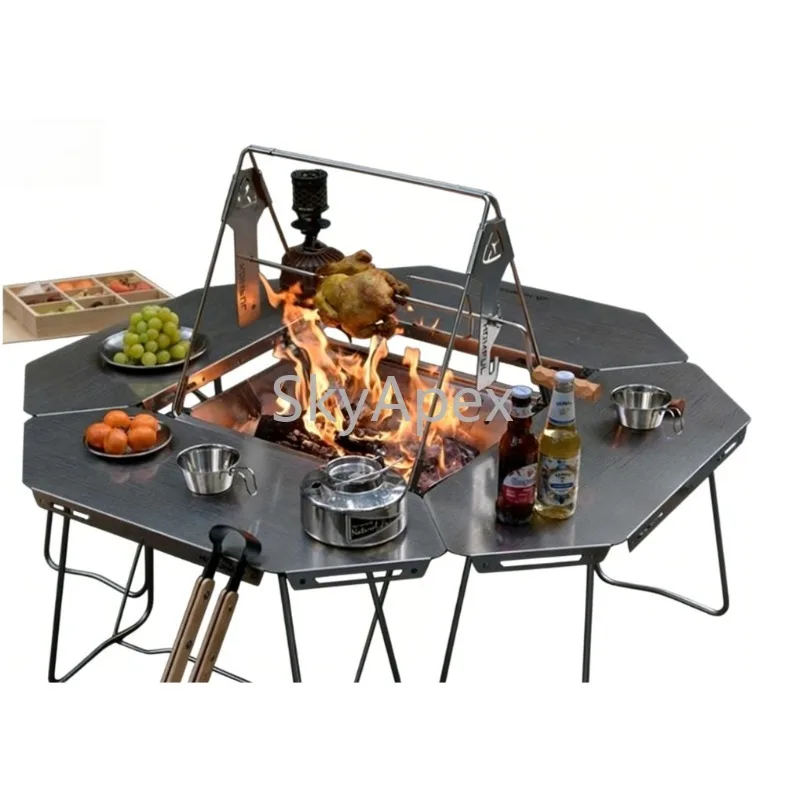 

Outdoor BBQ Table Stainless Steel Foldable Stove Making Tea Igt Camping Table Campfire Heating Octagonal Table Multi-function