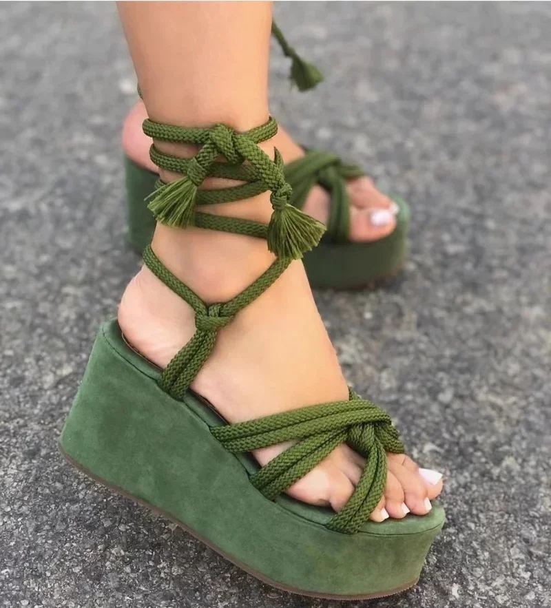 20243 Summer New Platform Wedge Sandals for Women Fashion Round Toe Cross Tied Height Increase Open Toe Femme Sandal Plus