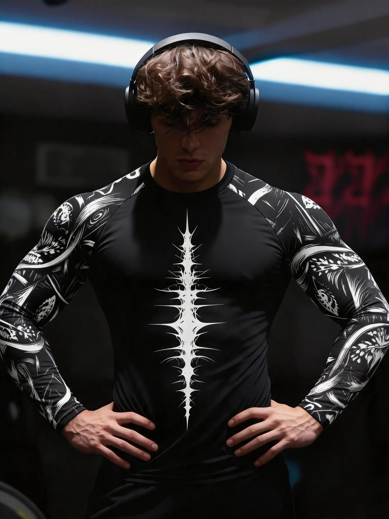 Men's Slim Fitted Long Sleeve Tee Black White Back Thorn Skeleton Print Ribbed Crew Neck Gym Training Wear
