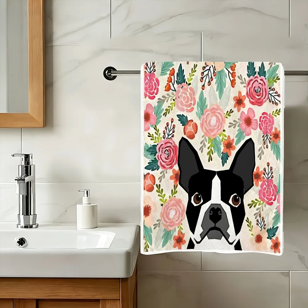 1pc Boston Terrier Floral Printed Kitchen Towel, Soft Absorbent Hand Towel, Perfect for Bathroom, Kitchen, Dog Lover Gift