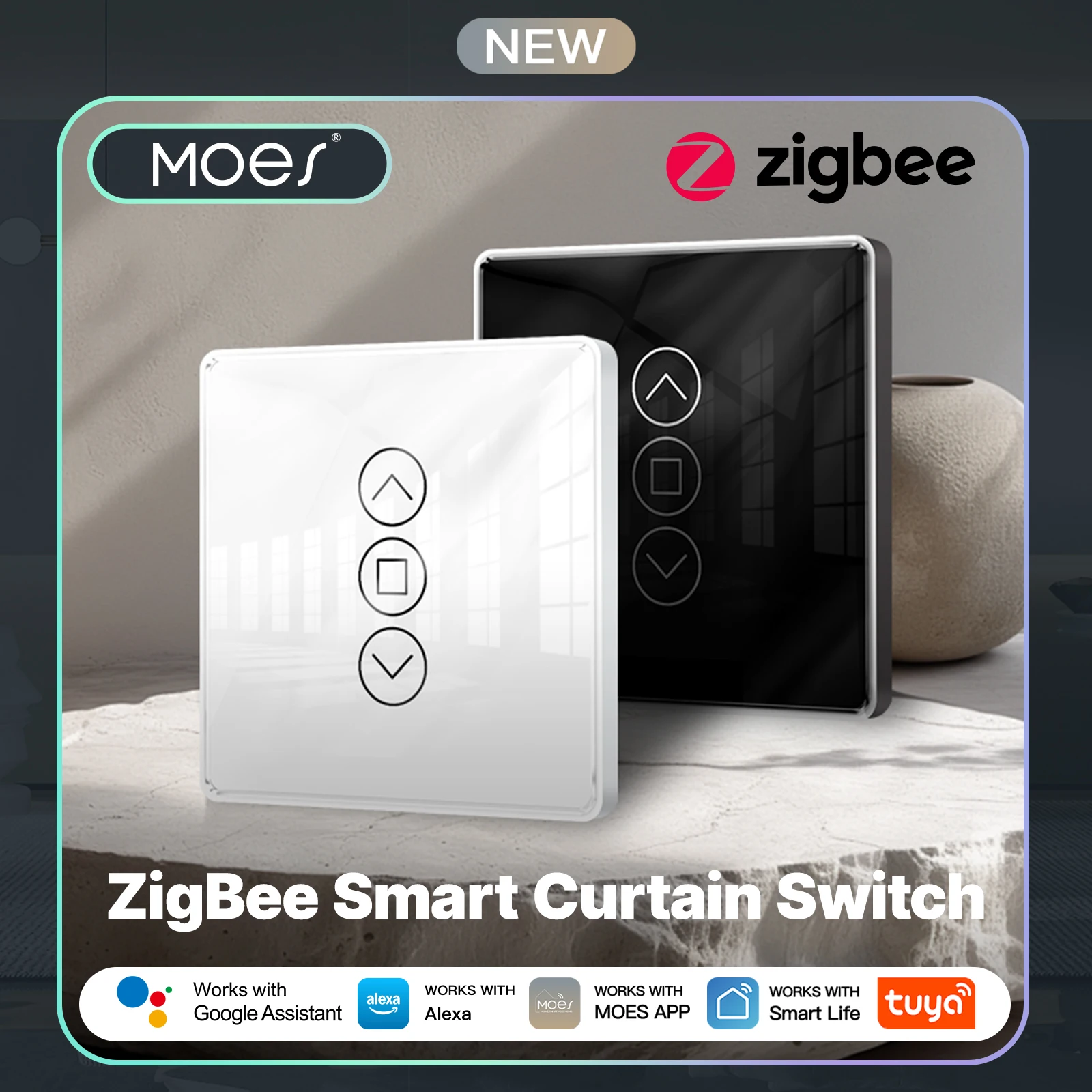 Commutateur de rideau intelligent MOES Tuya ZigBee, tactile en verre Arc 2.5D RF433, contrôle par application, fonctionne avec Alexa et Google Home